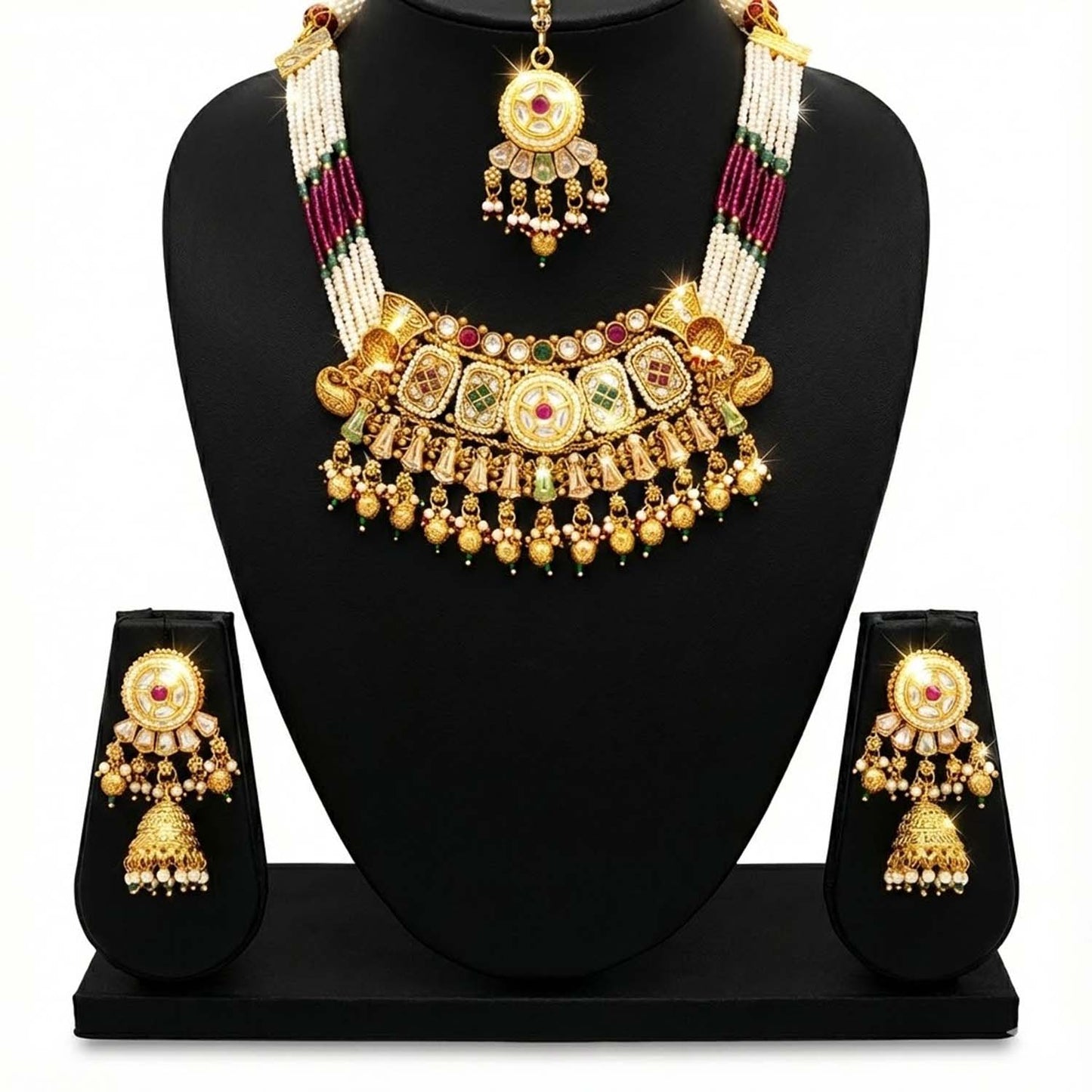 Shining Jewel Traditional Bridal Style Gold Plated Beaded Necklace Set with Matching Jhumka Earrings & Maang Tikka for Women - SJN_352