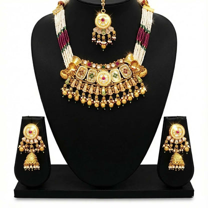 Shining Jewel Traditional Bridal Style Gold Plated Beaded Necklace Set with Matching Jhumka Earrings & Maang Tikka for Women - SJN_352