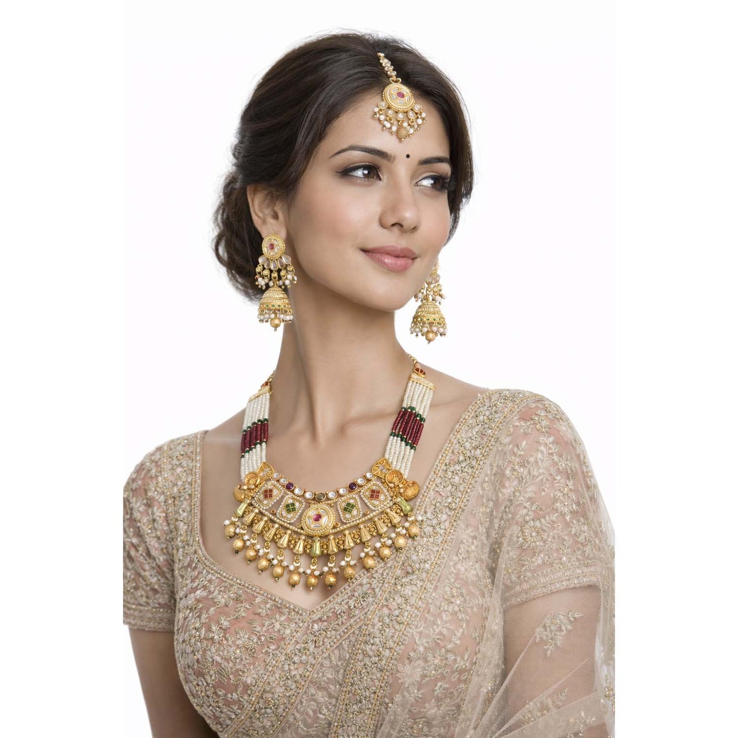 Shining Jewel Traditional Bridal Style Gold Plated Beaded Necklace Set with Matching Jhumka Earrings & Maang Tikka for Women - SJN_352