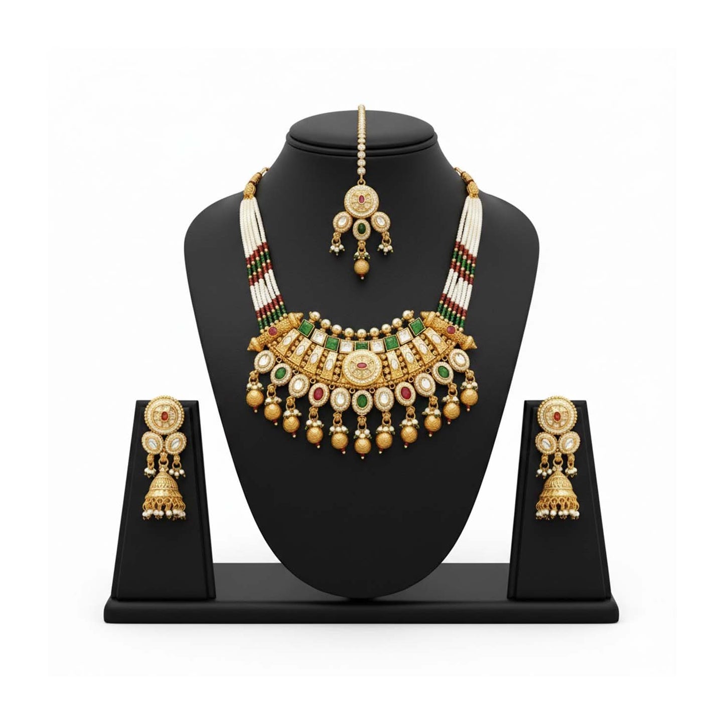 Shining Jewel Traditional Bridal Gold Plated Pearl Beaded Necklace with Jhumka Earrings & Maang Tikka for Women - SJN_353