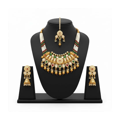 Shining Jewel Traditional Bridal Gold Plated Pearl Beaded Necklace with Jhumka Earrings & Maang Tikka for Women - SJN_353