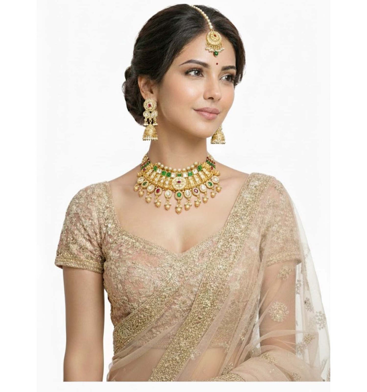 Shining Jewel Traditional Bridal Gold Plated Pearl Beaded Necklace with Jhumka Earrings & Maang Tikka for Women - SJN_353