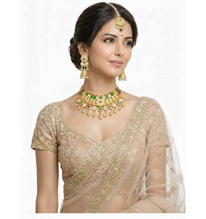 Shining Jewel Traditional Bridal Gold Plated Pearl Beaded Necklace with Jhumka Earrings & Maang Tikka for Women - SJN_353