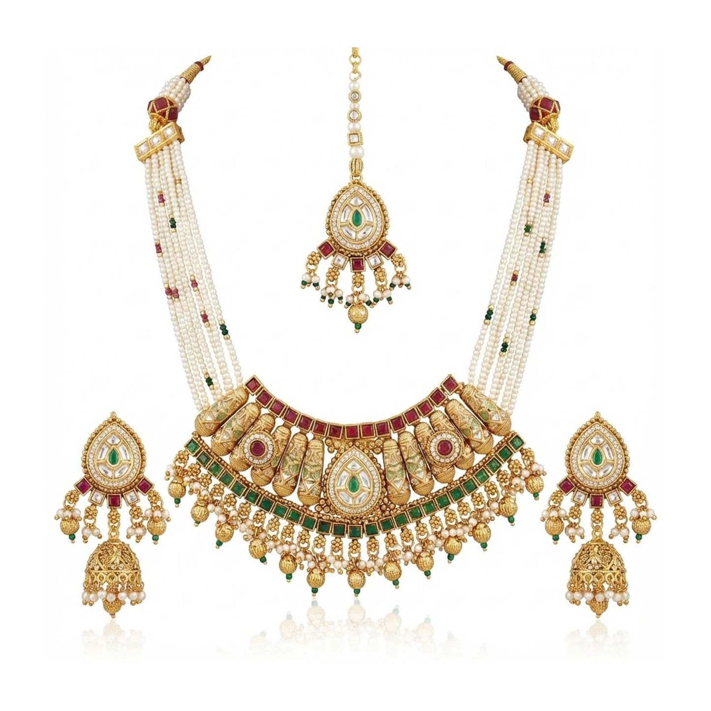 Shining Jewel Traditional Bridal Gold Plated Pearl Beaded Necklace with Jhumka Earrings & Maang Tikka for Women - SJN_353