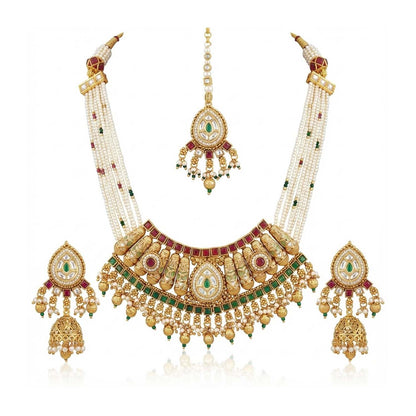 Shining Jewel Traditional Bridal Gold Plated Pearl Beaded Necklace with Jhumka Earrings & Maang Tikka for Women - SJN_353