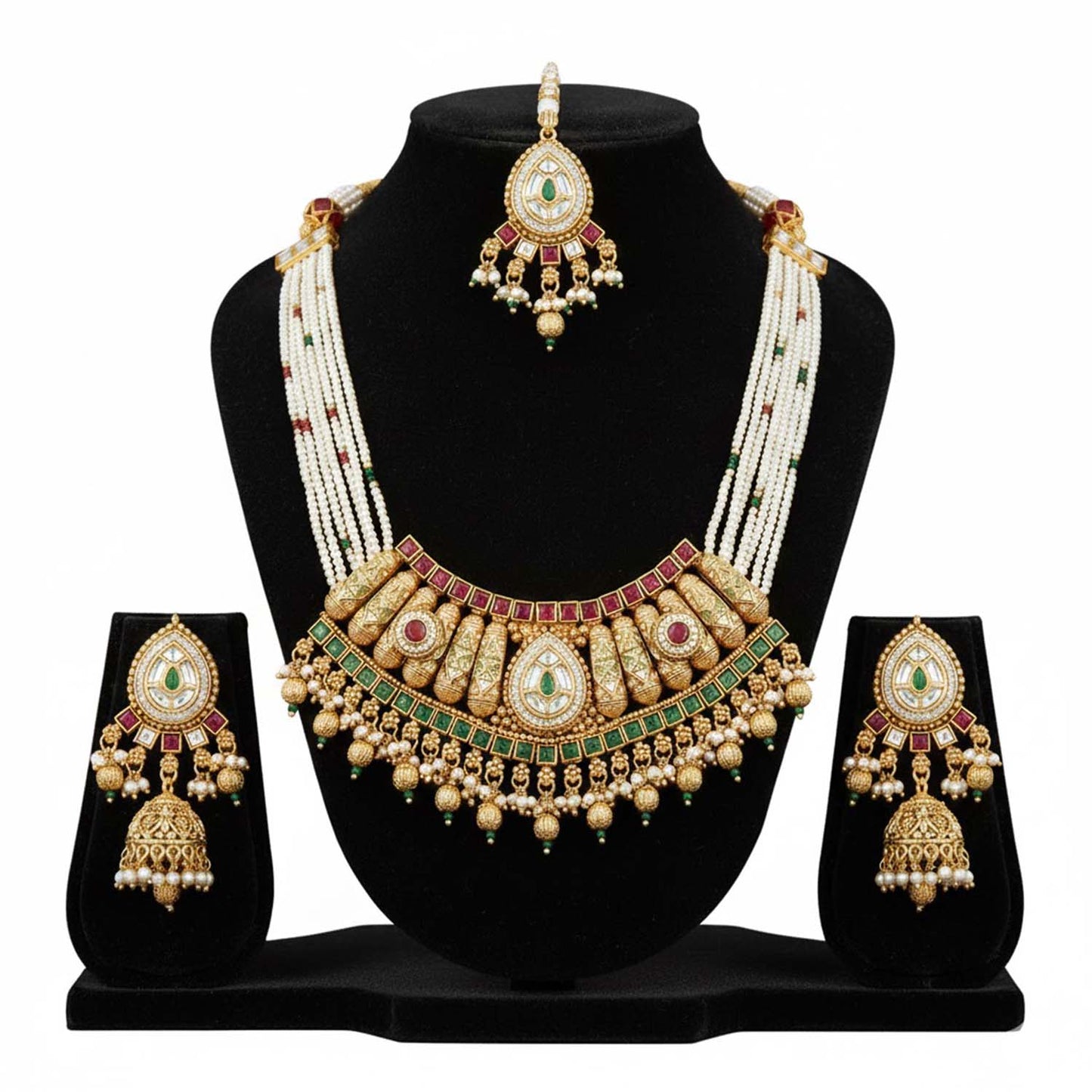 Shining Jewel Traditional Bridal Gold Plated Pearl Beaded Necklace Set with Jhumka Earrings & Maang Tikka for Women - SJN_354