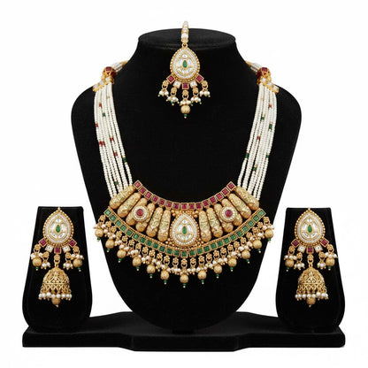 Shining Jewel Traditional Bridal Gold Plated Pearl Beaded Necklace Set with Jhumka Earrings & Maang Tikka for Women - SJN_354