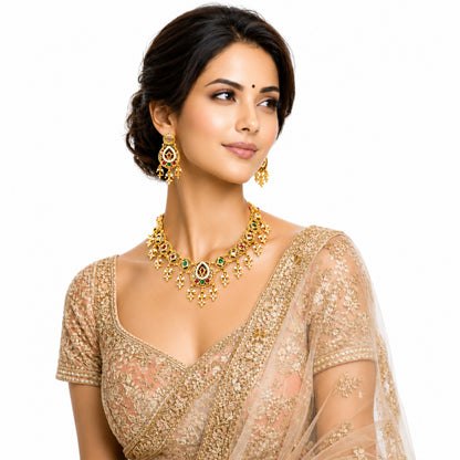 Traditional Indian Heritage Gold Plated Kundan,CZ, Studded Choker Wedding, Bridal Dori Necklace with Matching Earring Jewelry Set For Women (SJN_357_D1)