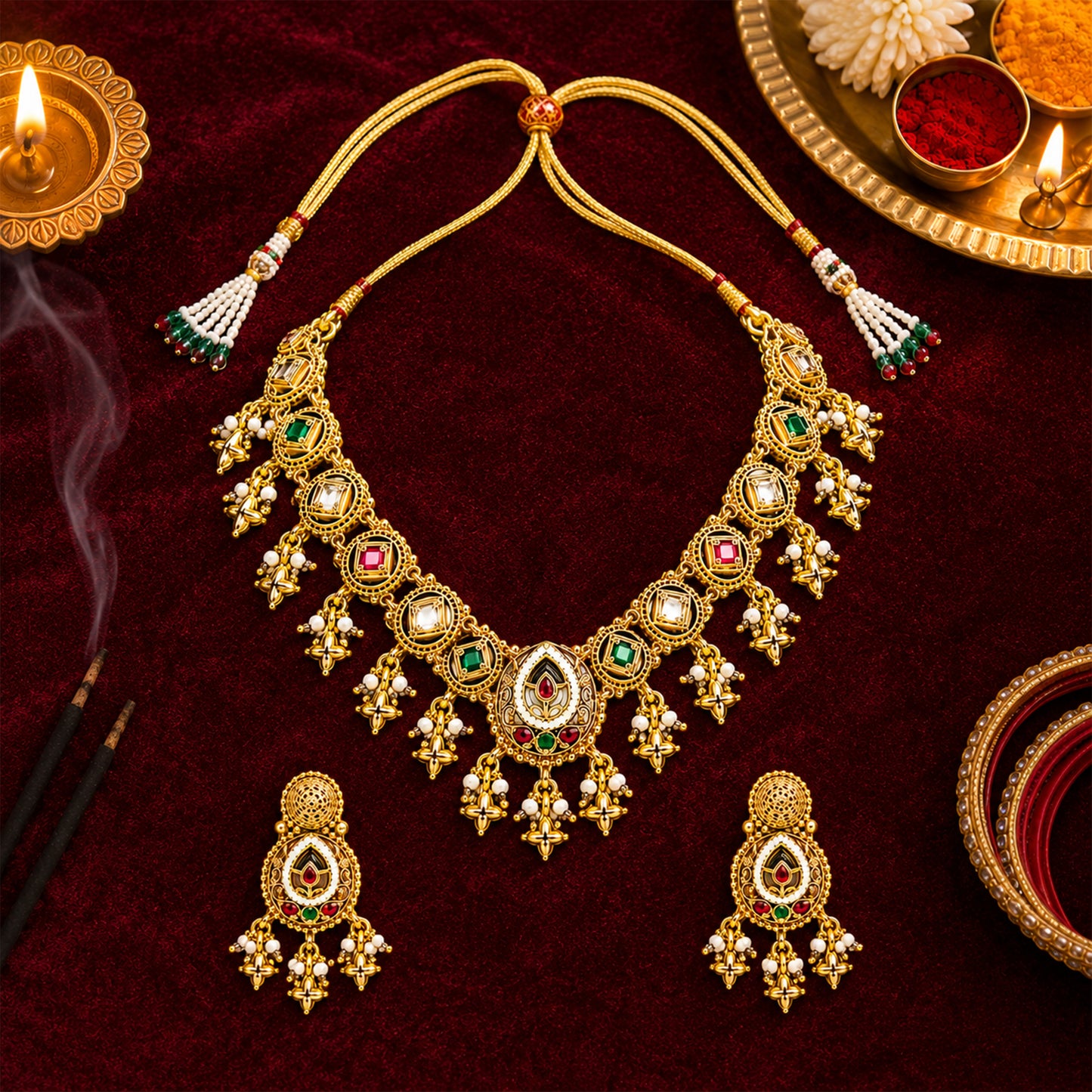 Traditional Indian Heritage Gold Plated Kundan,CZ, Studded Choker Wedding, Bridal Dori Necklace with Matching Earring Jewelry Set For Women (SJN_357_D1)
