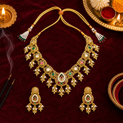 Traditional Indian Heritage Gold Plated Kundan,CZ, Studded Choker Wedding, Bridal Dori Necklace with Matching Earring Jewelry Set For Women (SJN_357_D1)