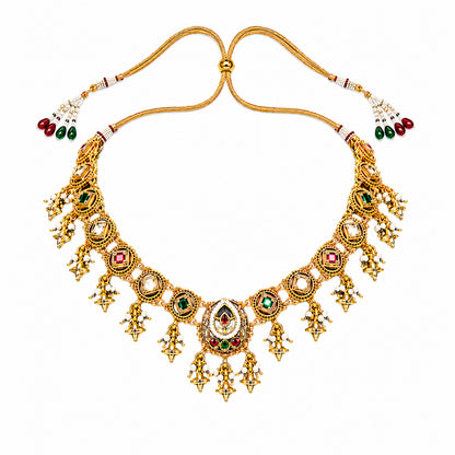 Traditional Indian Heritage Gold Plated Kundan,CZ, Studded Choker Wedding, Bridal Dori Necklace with Matching Earring Jewelry Set For Women (SJN_357_D1)