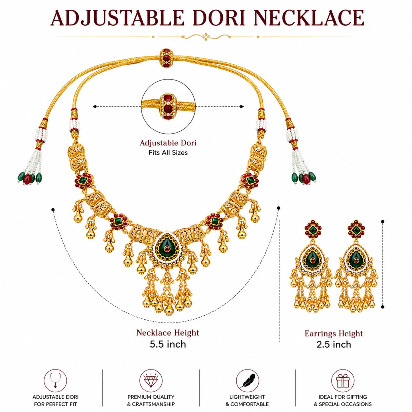 Traditional Indian Heritage Gold Plated Kundan,CZ, Studded Choker Wedding, Bridal Dori Necklace with Matching Earring Jewelry Set For Women (SJN_357_D2)