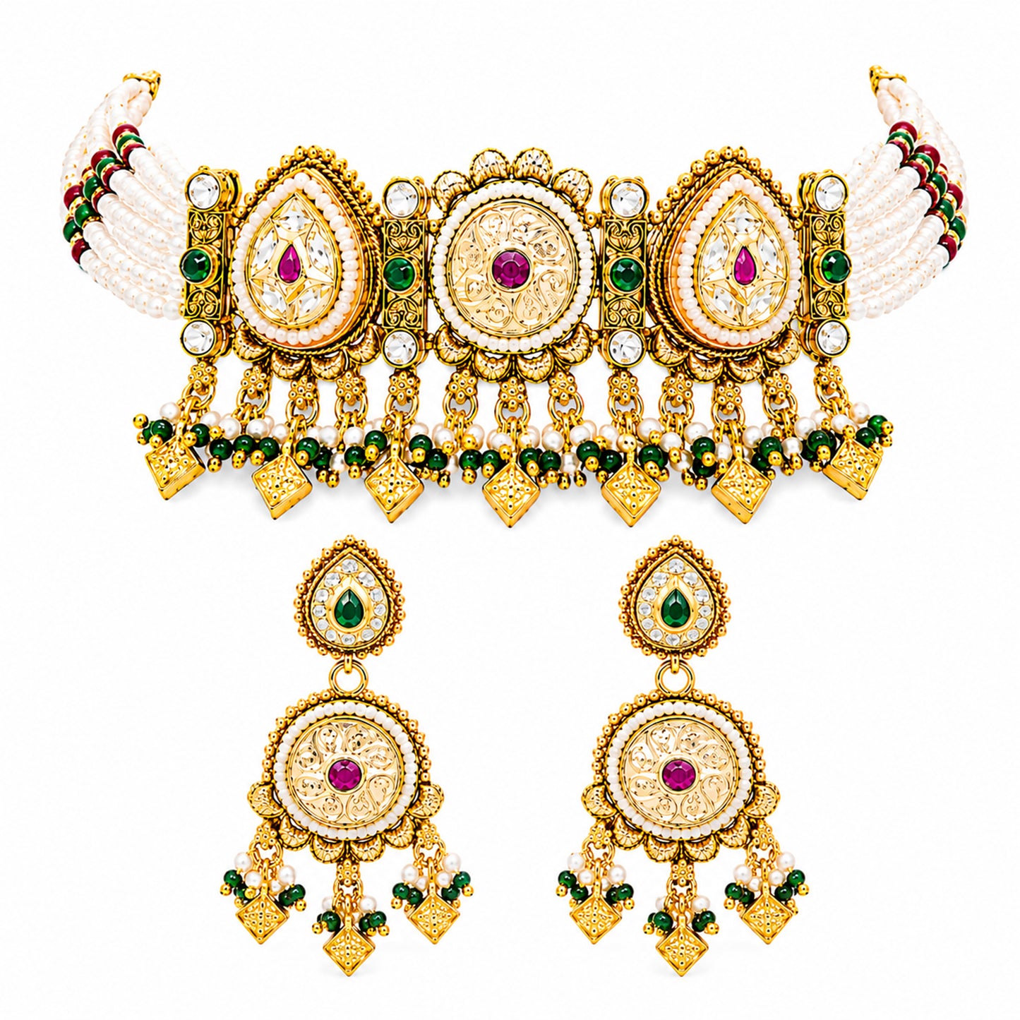 Traditional Indian Heritage Gold Plated Kundan,CZ, Studded Choker Wedding, Bridal Dori Necklace with Matching Earring Jewelry Set For Women (SJN_358_D1)