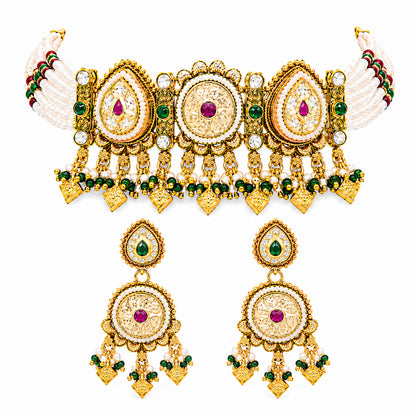 Traditional Indian Heritage Gold Plated Kundan,CZ, Studded Choker Wedding, Bridal Dori Necklace with Matching Earring Jewelry Set For Women (SJN_358_D1)