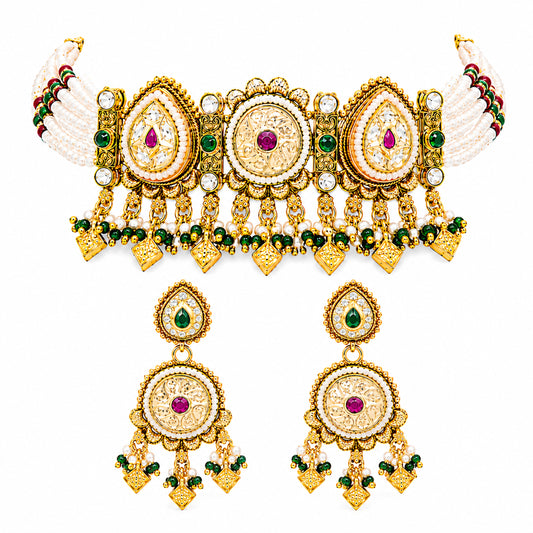 Traditional Indian Heritage Gold Plated Kundan,CZ, Studded Choker Wedding, Bridal Dori Necklace with Matching Earring Jewelry Set For Women (SJN_358_D1)