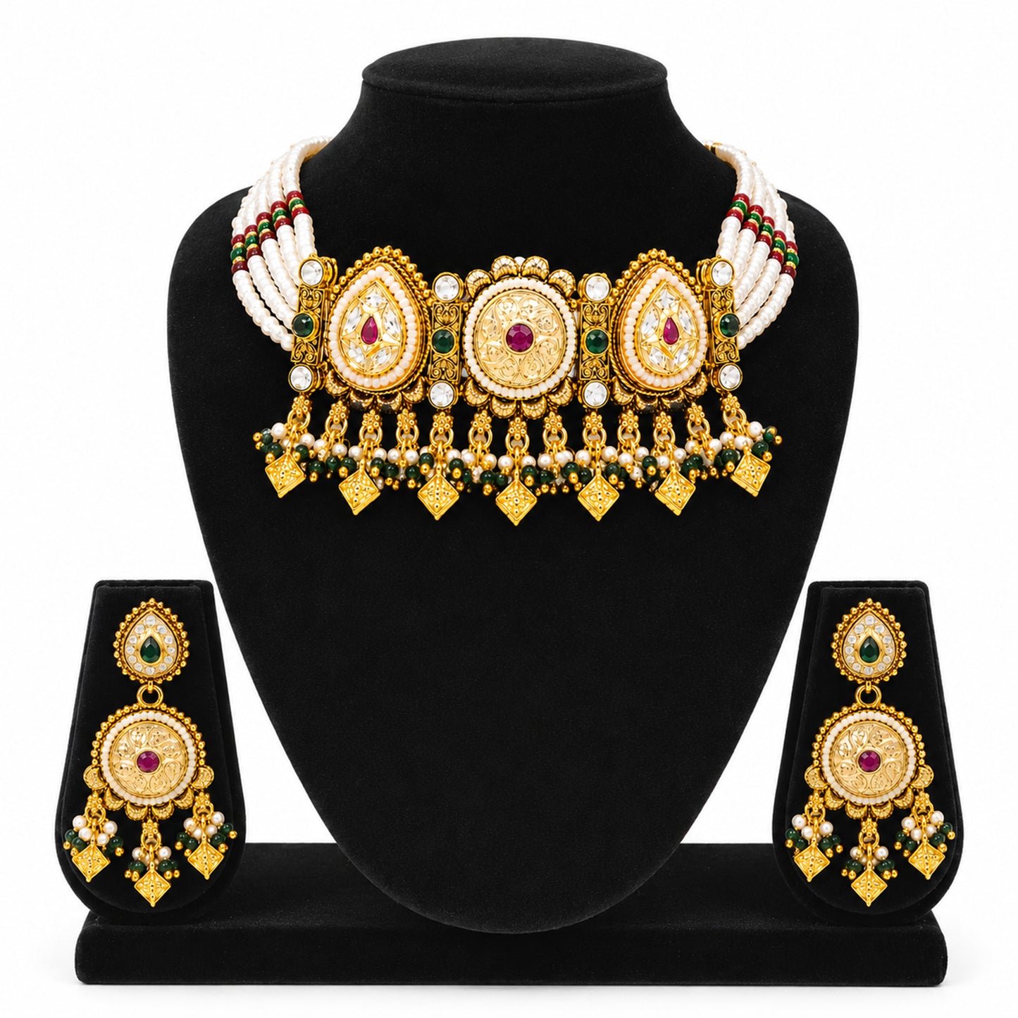 Traditional Indian Heritage Gold Plated Kundan,CZ, Studded Choker Wedding, Bridal Dori Necklace with Matching Earring Jewelry Set For Women (SJN_358_D1)