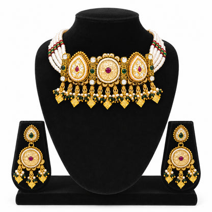 Traditional Indian Heritage Gold Plated Kundan,CZ, Studded Choker Wedding, Bridal Dori Necklace with Matching Earring Jewelry Set For Women (SJN_358_D1)