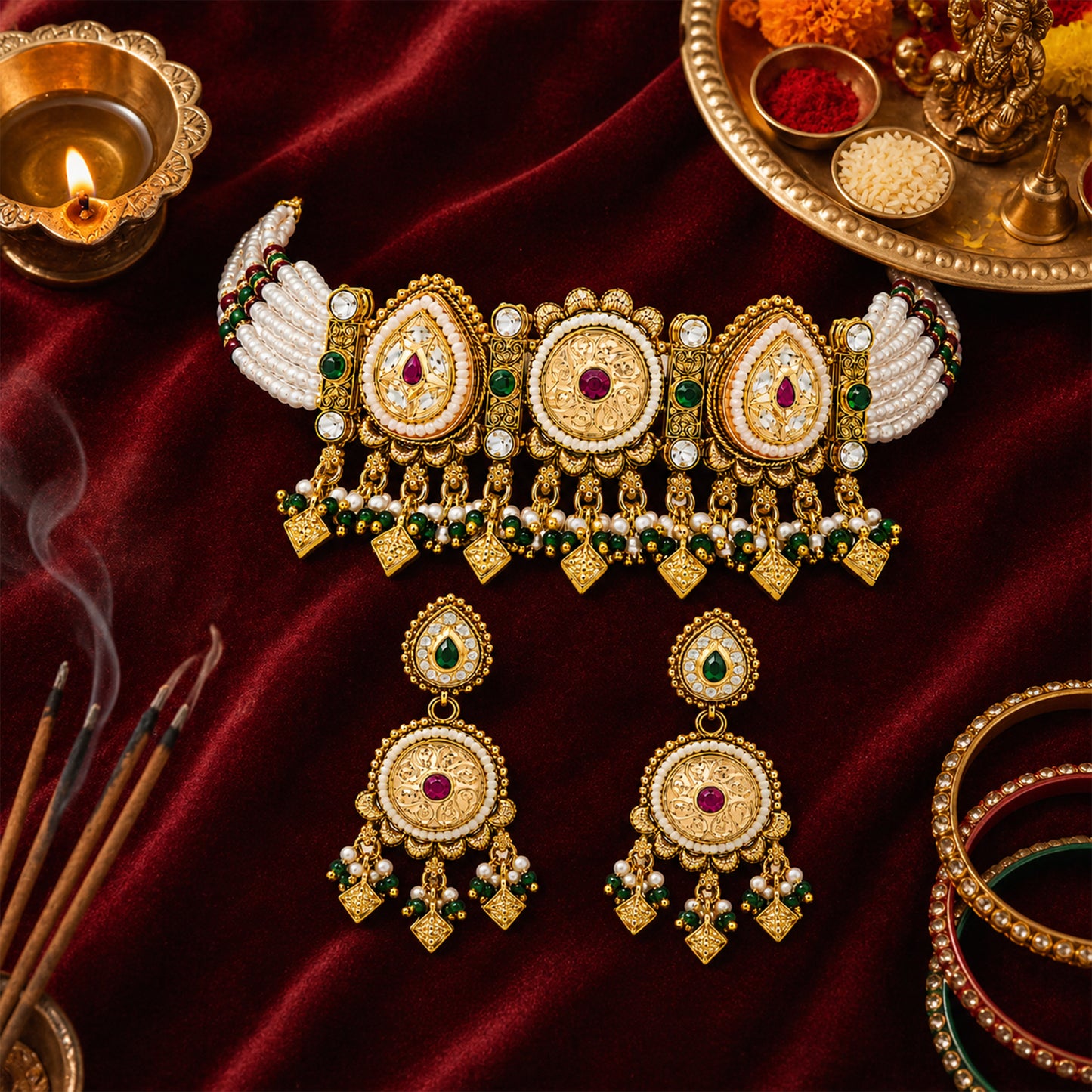 Traditional Indian Heritage Gold Plated Kundan,CZ, Studded Choker Wedding, Bridal Dori Necklace with Matching Earring Jewelry Set For Women (SJN_358_D1)