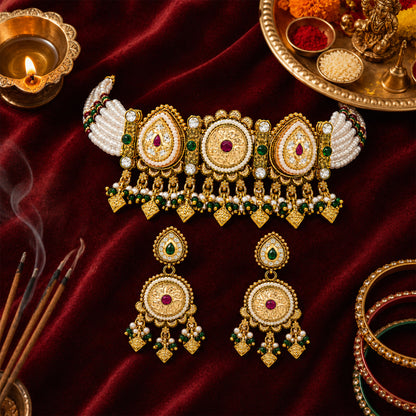Traditional Indian Heritage Gold Plated Kundan,CZ, Studded Choker Wedding, Bridal Dori Necklace with Matching Earring Jewelry Set For Women (SJN_358_D1)