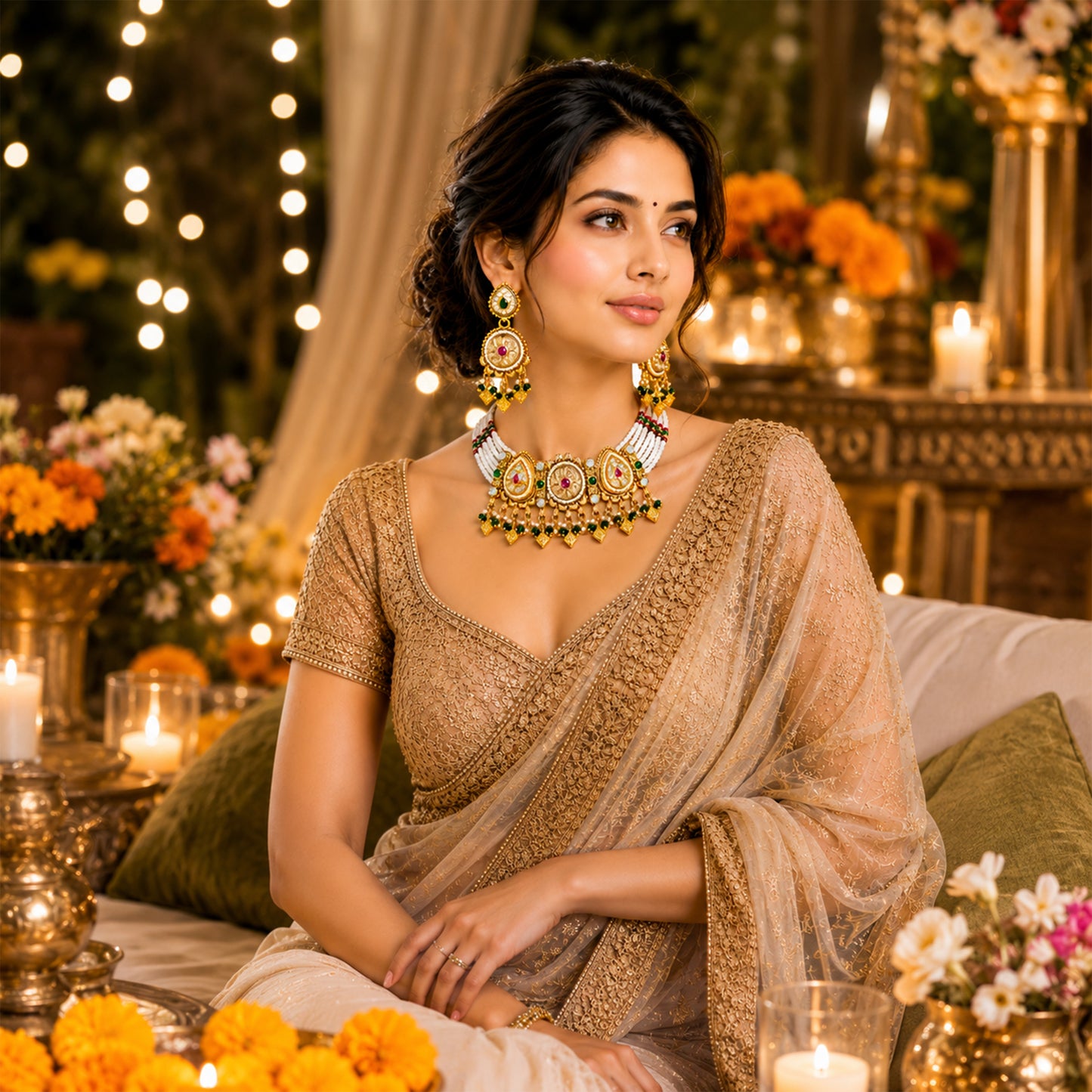 Traditional Indian Heritage Gold Plated Kundan,CZ, Studded Choker Wedding, Bridal Dori Necklace with Matching Earring Jewelry Set For Women (SJN_358_D1)