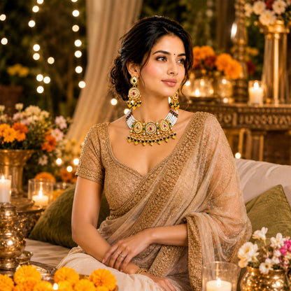 Traditional Indian Heritage Gold Plated Kundan,CZ, Studded Choker Wedding, Bridal Dori Necklace with Matching Earring Jewelry Set For Women (SJN_358_D1)