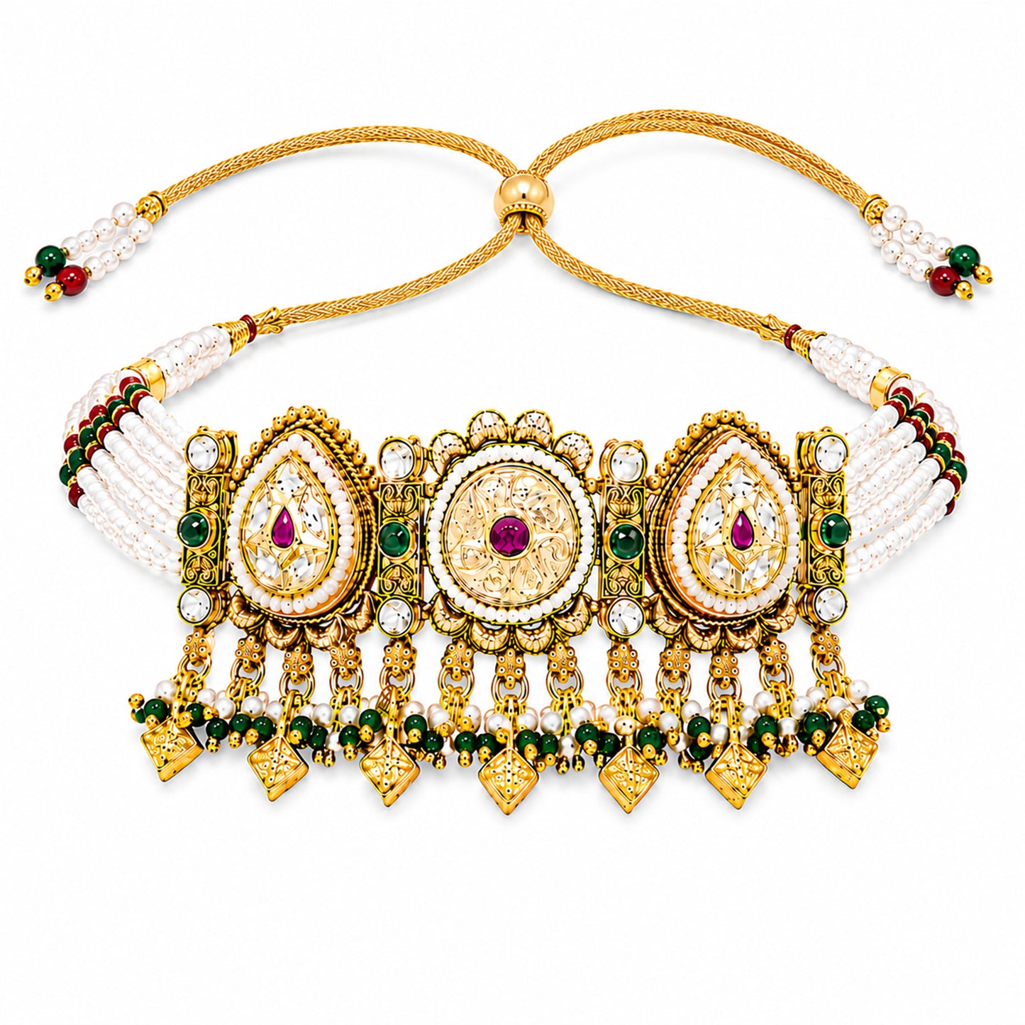 Traditional Indian Heritage Gold Plated Kundan,CZ, Studded Choker Wedding, Bridal Dori Necklace with Matching Earring Jewelry Set For Women (SJN_358_D1)