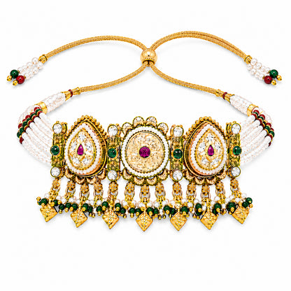 Traditional Indian Heritage Gold Plated Kundan,CZ, Studded Choker Wedding, Bridal Dori Necklace with Matching Earring Jewelry Set For Women (SJN_358_D1)