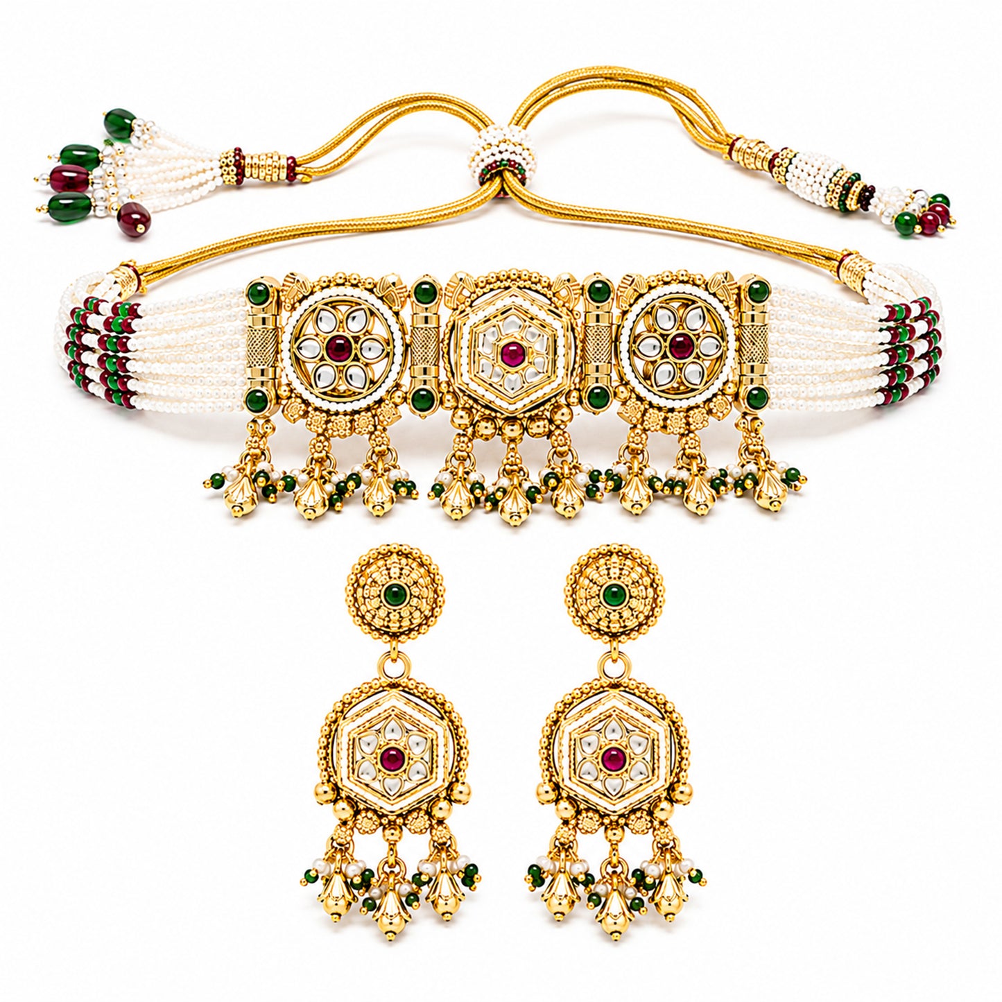 Traditional Indian Heritage Gold Plated Kundan,CZ, Studded Choker Wedding, Bridal Dori Necklace with Matching Earring Jewelry Set For Women (SJN_358_D2)