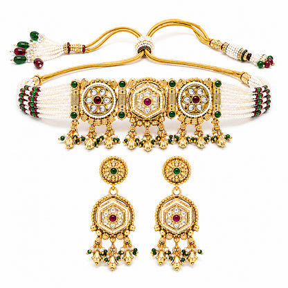Traditional Indian Heritage Gold Plated Kundan,CZ, Studded Choker Wedding, Bridal Dori Necklace with Matching Earring Jewelry Set For Women (SJN_358_D2)