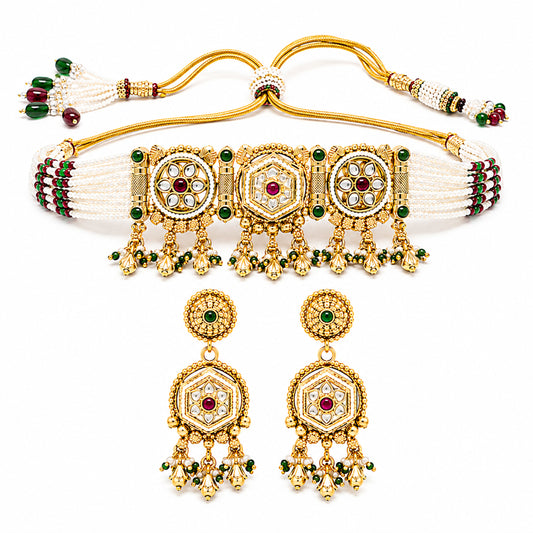 Traditional Indian Heritage Gold Plated Kundan,CZ, Studded Choker Wedding, Bridal Dori Necklace with Matching Earring Jewelry Set For Women (SJN_358_D2)