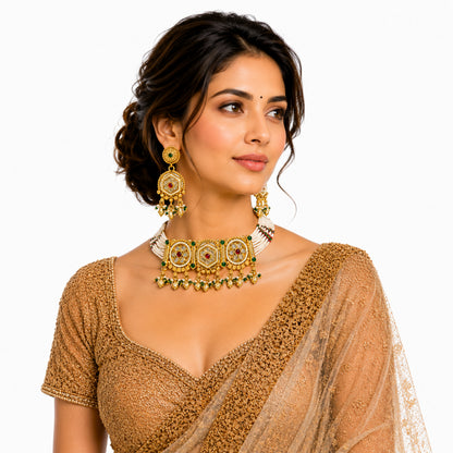 Traditional Indian Heritage Gold Plated Kundan,CZ, Studded Choker Wedding, Bridal Dori Necklace with Matching Earring Jewelry Set For Women (SJN_358_D2)