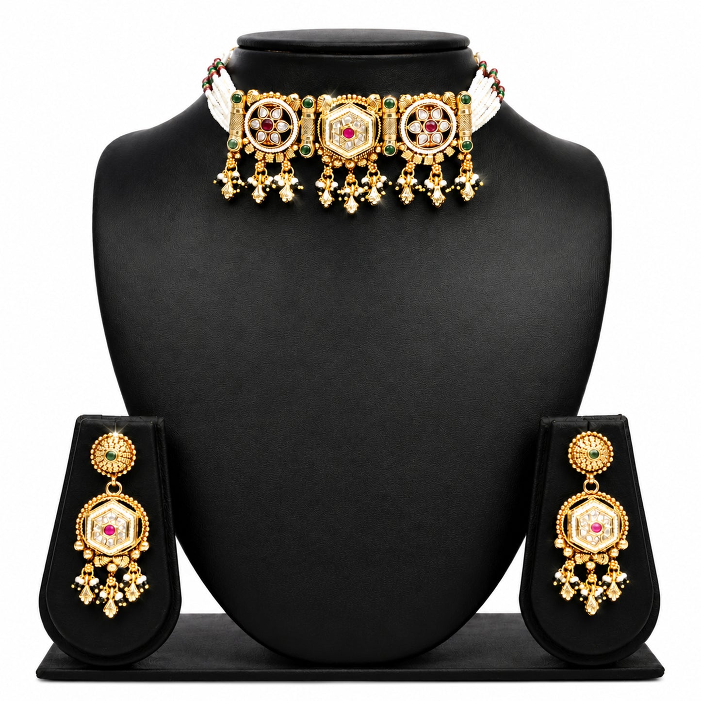 Traditional Indian Heritage Gold Plated Kundan,CZ, Studded Choker Wedding, Bridal Dori Necklace with Matching Earring Jewelry Set For Women (SJN_358_D2)