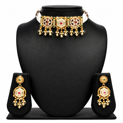 Traditional Indian Heritage Gold Plated Kundan,CZ, Studded Choker Wedding, Bridal Dori Necklace with Matching Earring Jewelry Set For Women (SJN_358_D2)