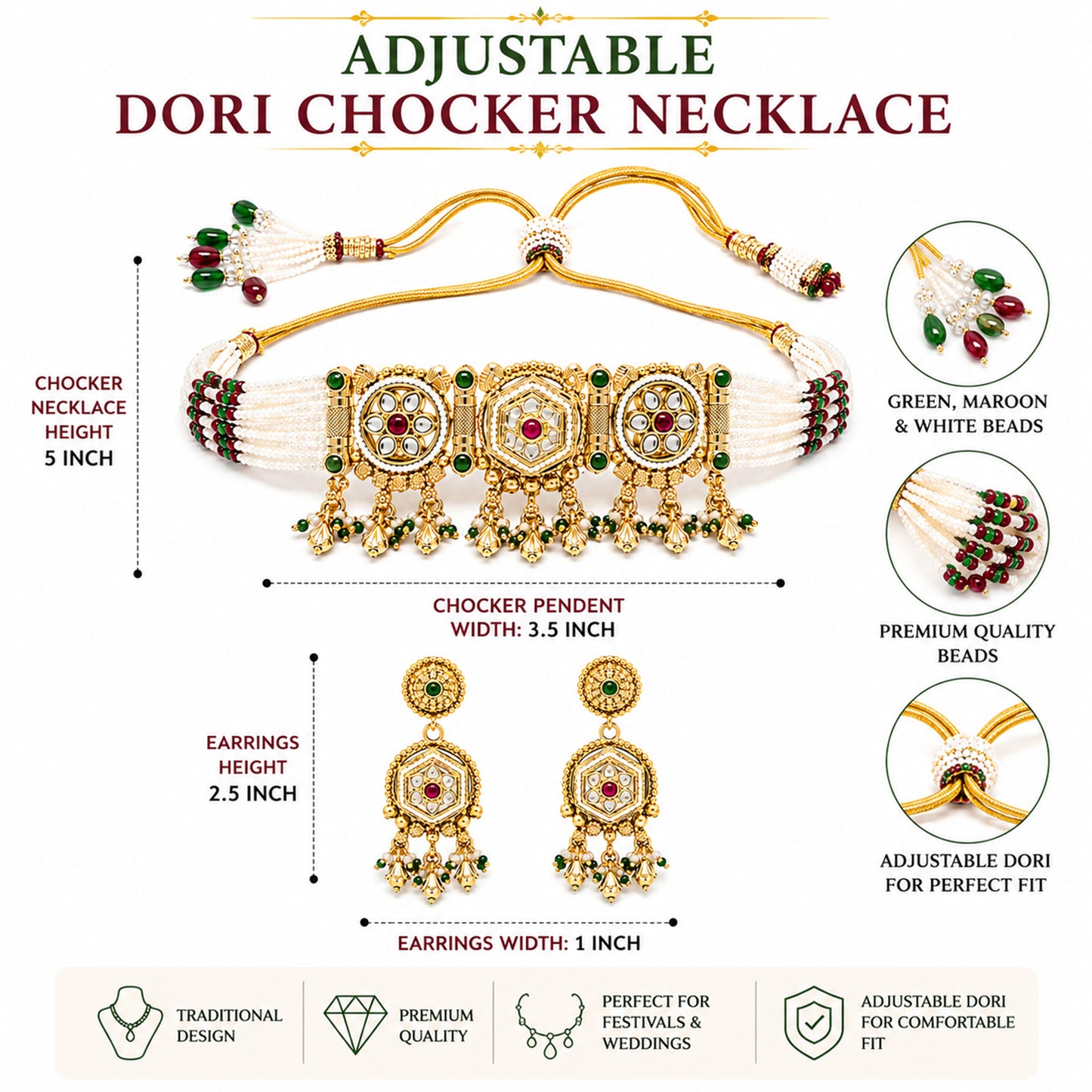 Traditional Indian Heritage Gold Plated Kundan,CZ, Studded Choker Wedding, Bridal Dori Necklace with Matching Earring Jewelry Set For Women (SJN_358_D2)