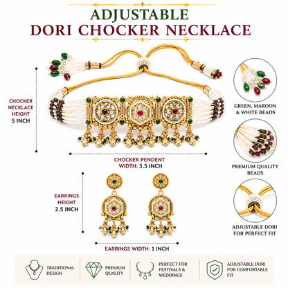 Traditional Indian Heritage Gold Plated Kundan,CZ, Studded Choker Wedding, Bridal Dori Necklace with Matching Earring Jewelry Set For Women (SJN_358_D2)