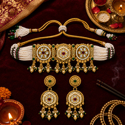 Traditional Indian Heritage Gold Plated Kundan,CZ, Studded Choker Wedding, Bridal Dori Necklace with Matching Earring Jewelry Set For Women (SJN_358_D2)