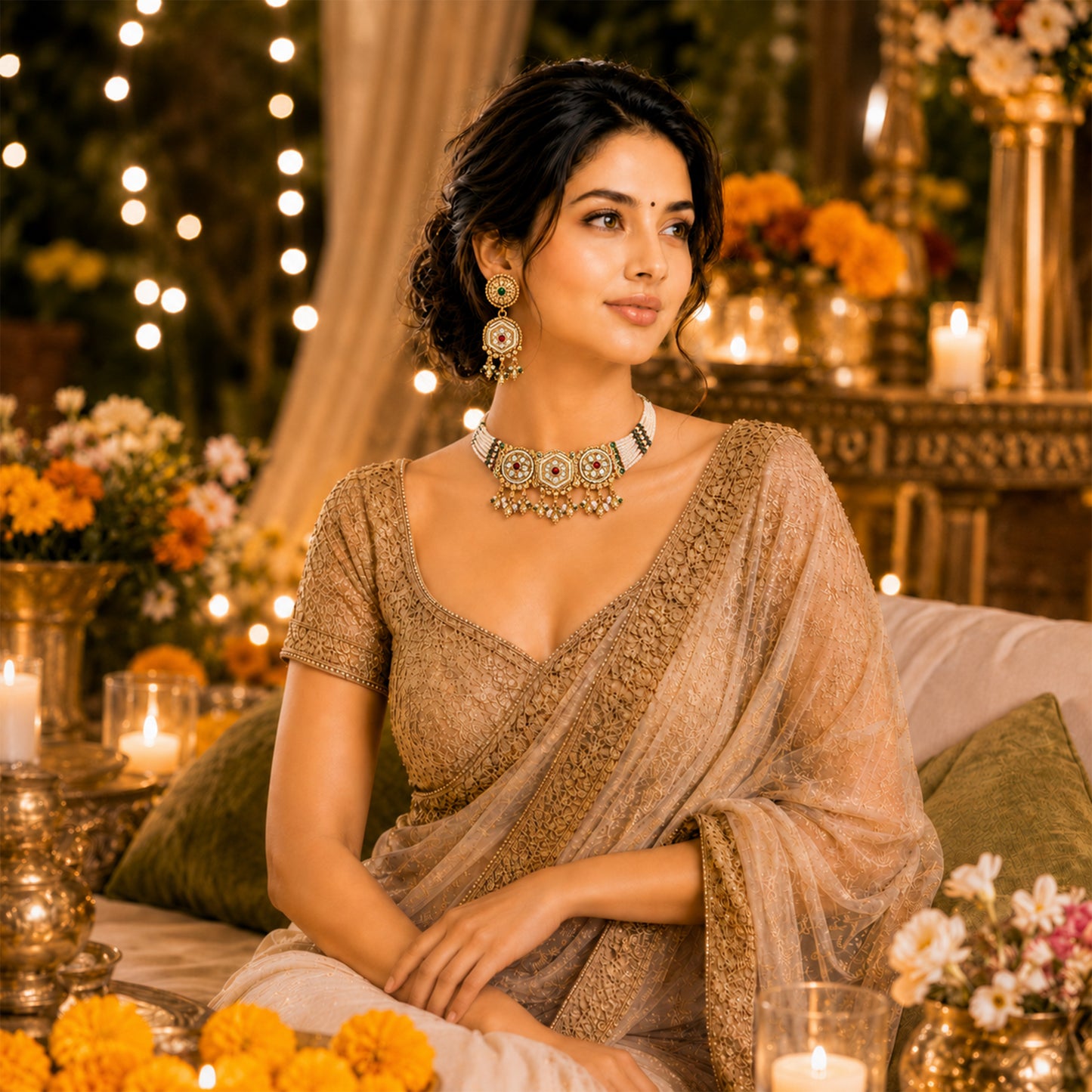 Traditional Indian Heritage Gold Plated Kundan,CZ, Studded Choker Wedding, Bridal Dori Necklace with Matching Earring Jewelry Set For Women (SJN_358_D2)