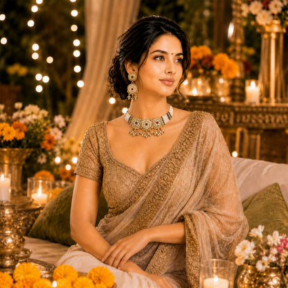 Traditional Indian Heritage Gold Plated Kundan,CZ, Studded Choker Wedding, Bridal Dori Necklace with Matching Earring Jewelry Set For Women (SJN_358_D2)