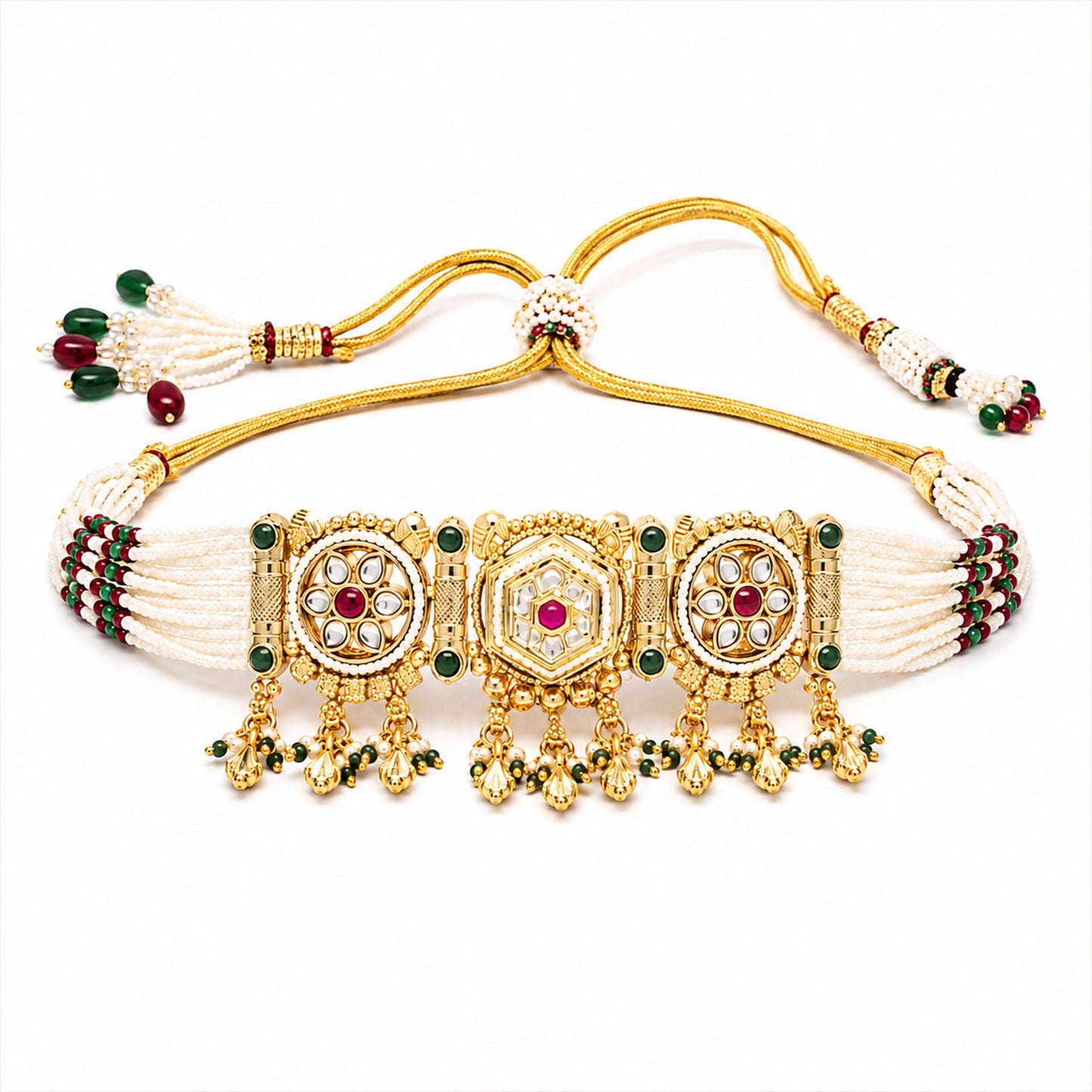 Traditional Indian Heritage Gold Plated Kundan,CZ, Studded Choker Wedding, Bridal Dori Necklace with Matching Earring Jewelry Set For Women (SJN_358_D2)