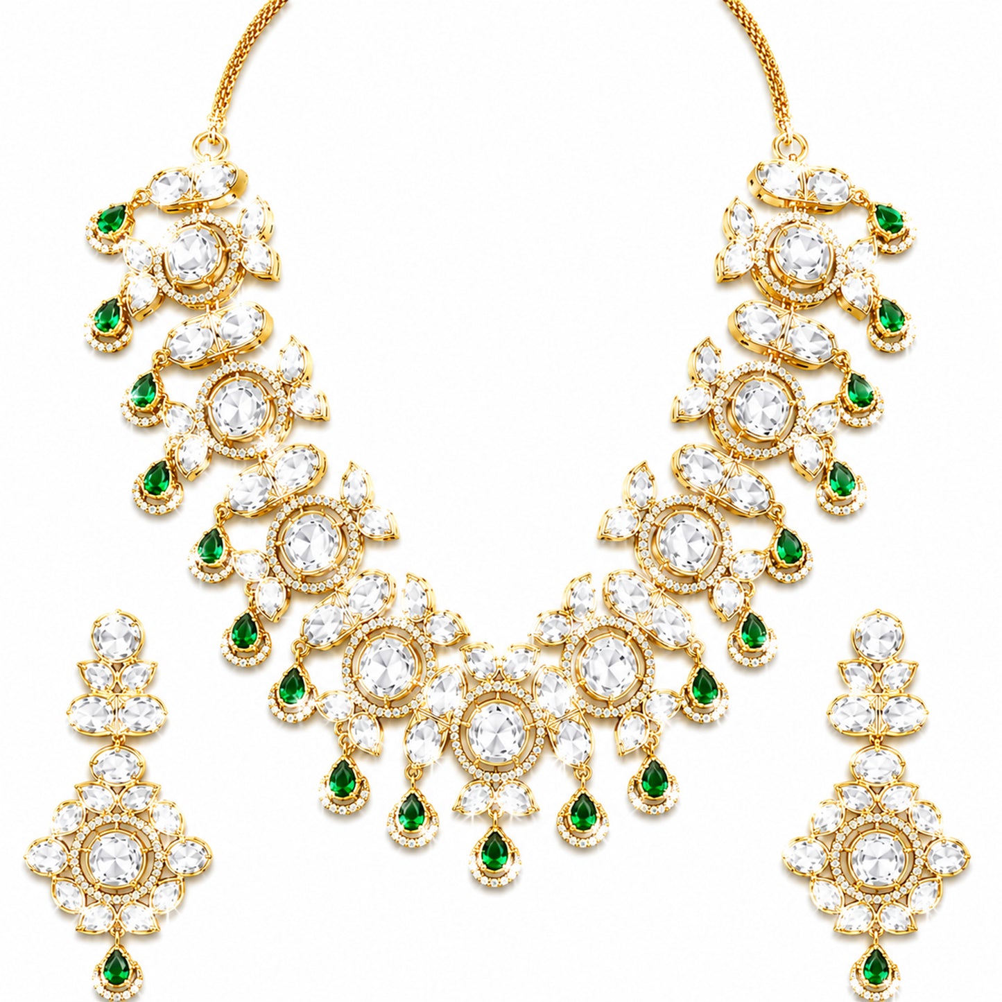 Traditional Indian Antique Gold Plated Kundan Polki Bridal Necklace Set with Green Accents for Women (SJN_359_G)