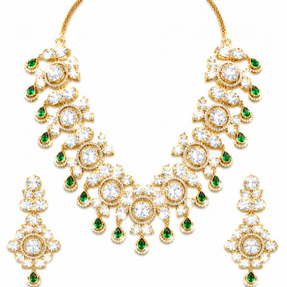 Traditional Indian Antique Gold Plated Kundan Polki Bridal Necklace Set with Green Accents for Women (SJN_359_G)