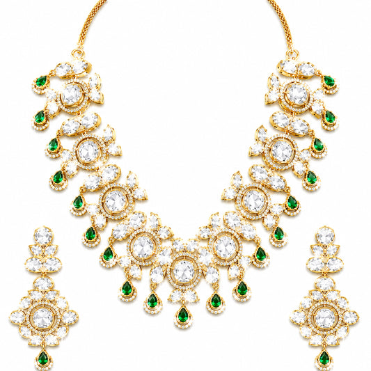 Traditional Indian Antique Gold Plated Kundan Polki Bridal Necklace Set with Green Accents for Women (SJN_359_G)