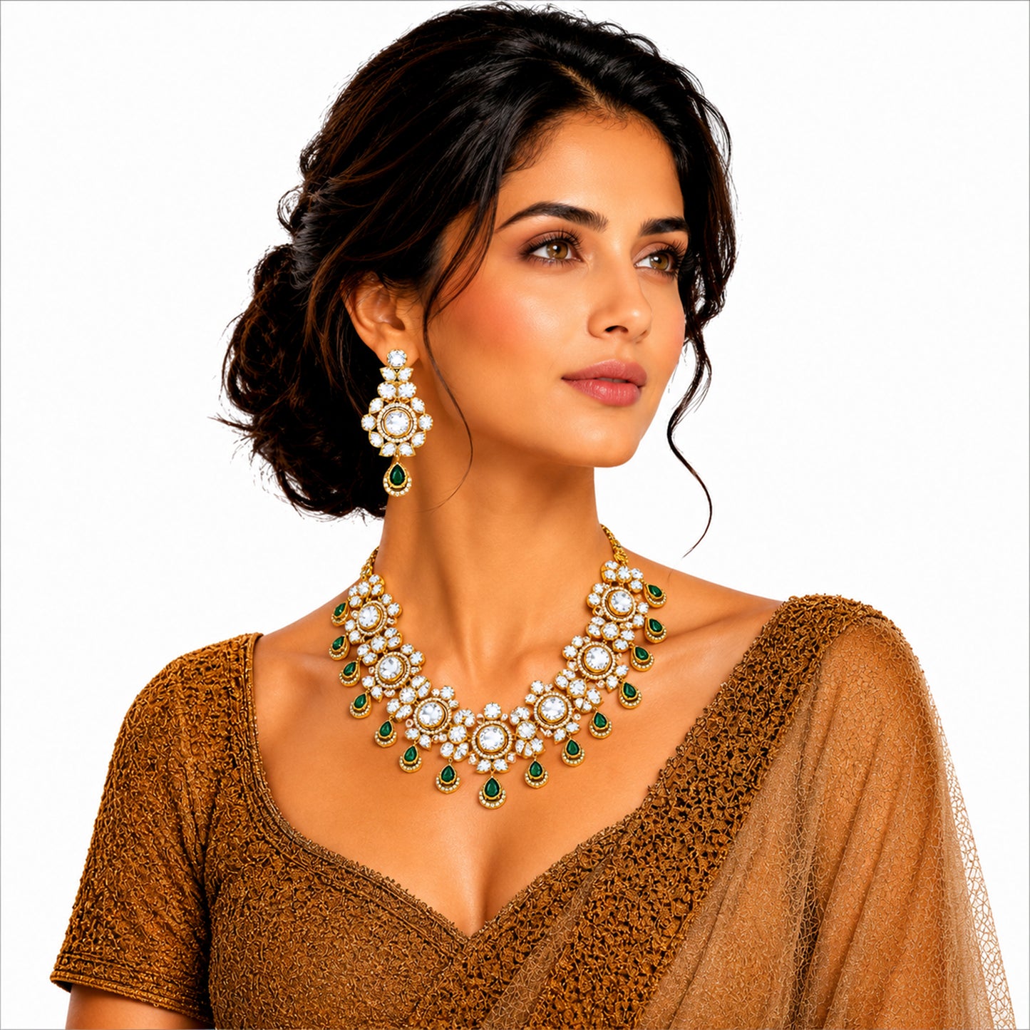 Traditional Indian Antique Gold Plated Kundan Polki Bridal Necklace Set with Green Accents for Women (SJN_359_G)