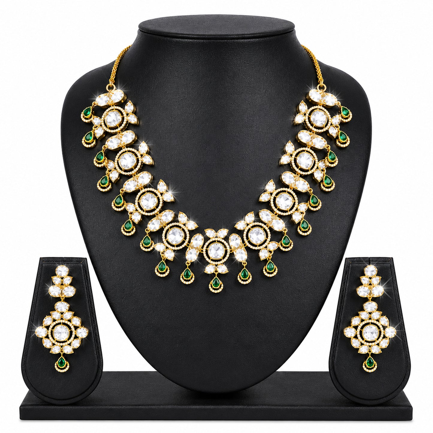 Traditional Indian Antique Gold Plated Kundan Polki Bridal Necklace Set with Green Accents for Women (SJN_359_G)