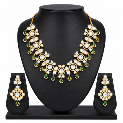 Traditional Indian Antique Gold Plated Kundan Polki Bridal Necklace Set with Green Accents for Women (SJN_359_G)