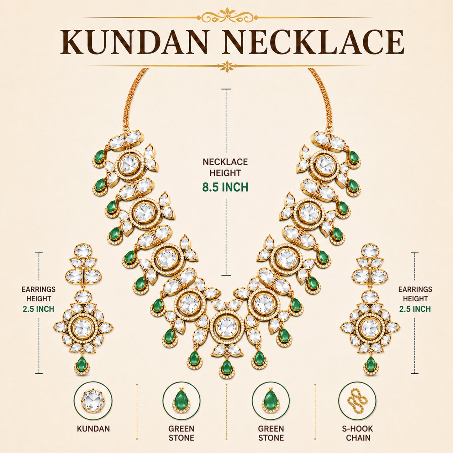 Traditional Indian Antique Gold Plated Kundan Polki Bridal Necklace Set with Green Accents for Women (SJN_359_G)