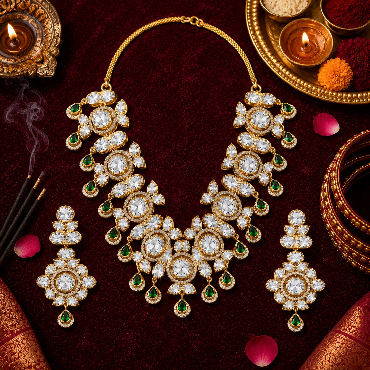Traditional Indian Antique Gold Plated Kundan Polki Bridal Necklace Set with Green Accents for Women (SJN_359_G)