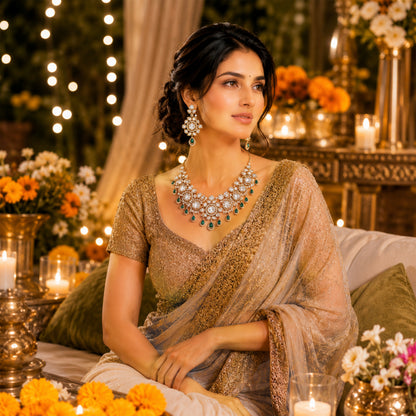 Traditional Indian Antique Gold Plated Kundan Polki Bridal Necklace Set with Green Accents for Women (SJN_359_G)