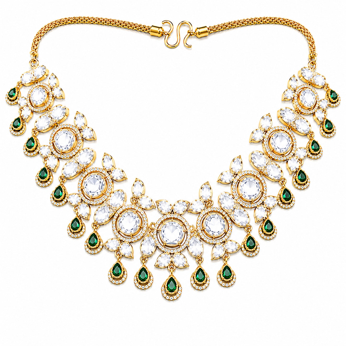 Traditional Indian Antique Gold Plated Kundan Polki Bridal Necklace Set with Green Accents for Women (SJN_359_G)