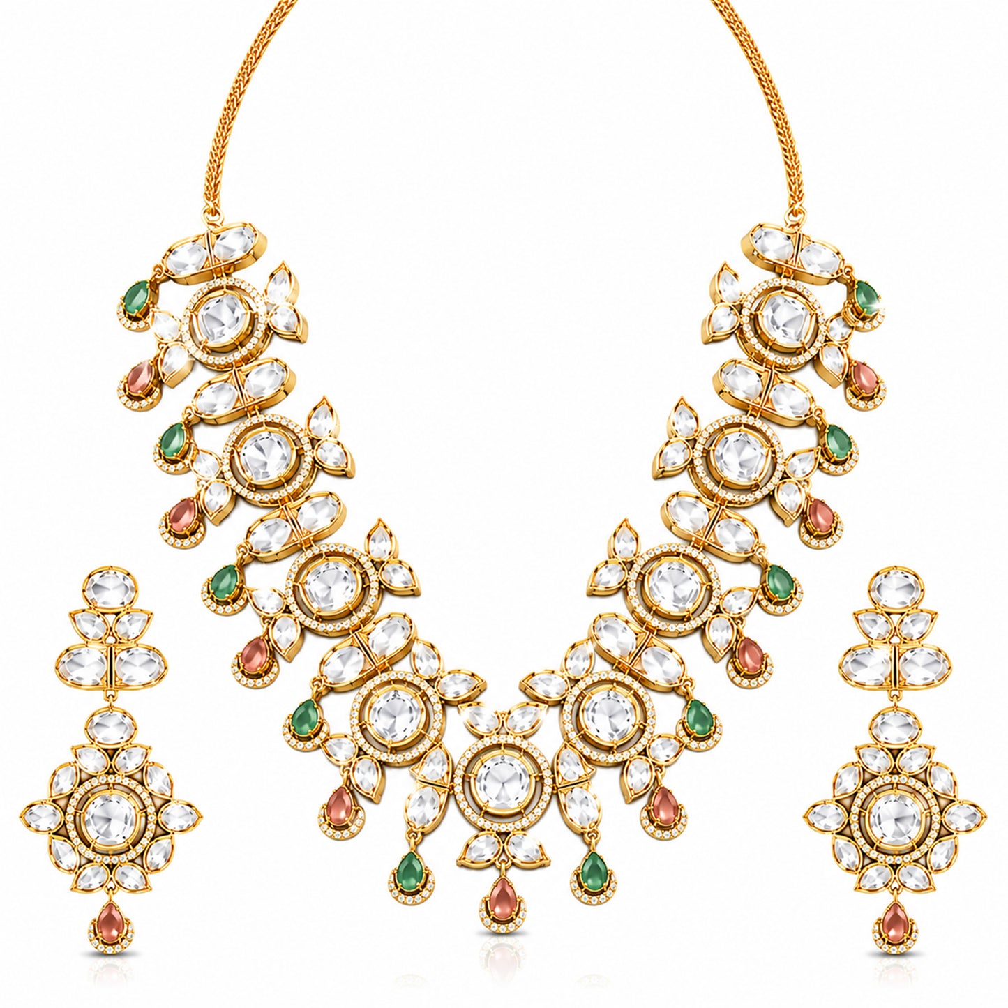 Traditional Indian Antique Gold Plated Kundan Polki Bridal Necklace Set with Multicolor Accents for Women (SJN_359_MT)